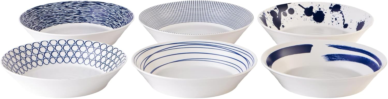 Royal Doulton Porcelain Pacific Mixed Patterns Set of 6 Pasta Bowls, 22cm, Blue