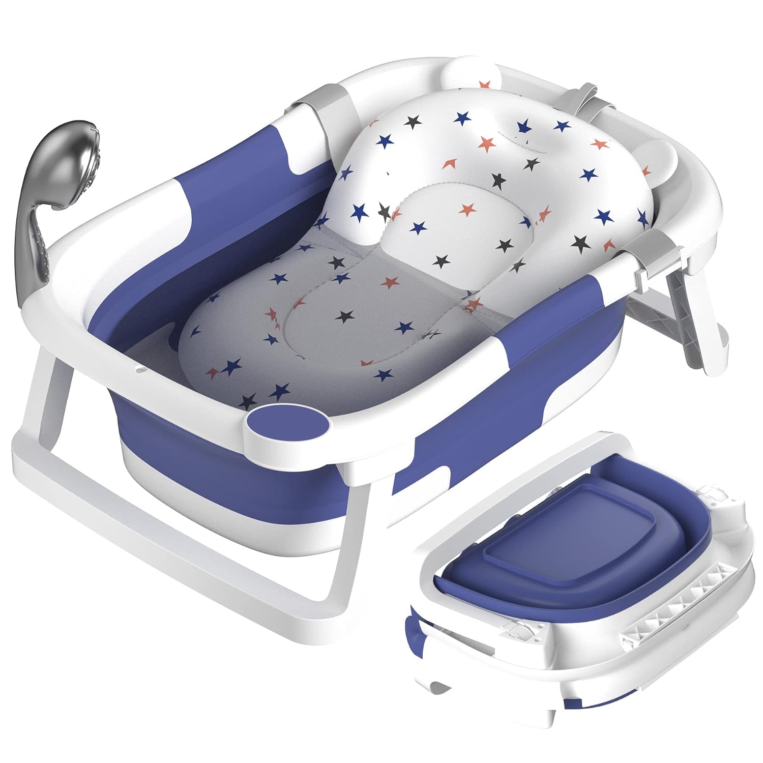 Baby Bathtub Foldable,Baby Bath Essentials Baby Bathtub Newborn to Toddler Portable Travel Multifunctional Baby Bath Tub with Non-Slip Mat, Drain Hole(Blue + Bath Mat)