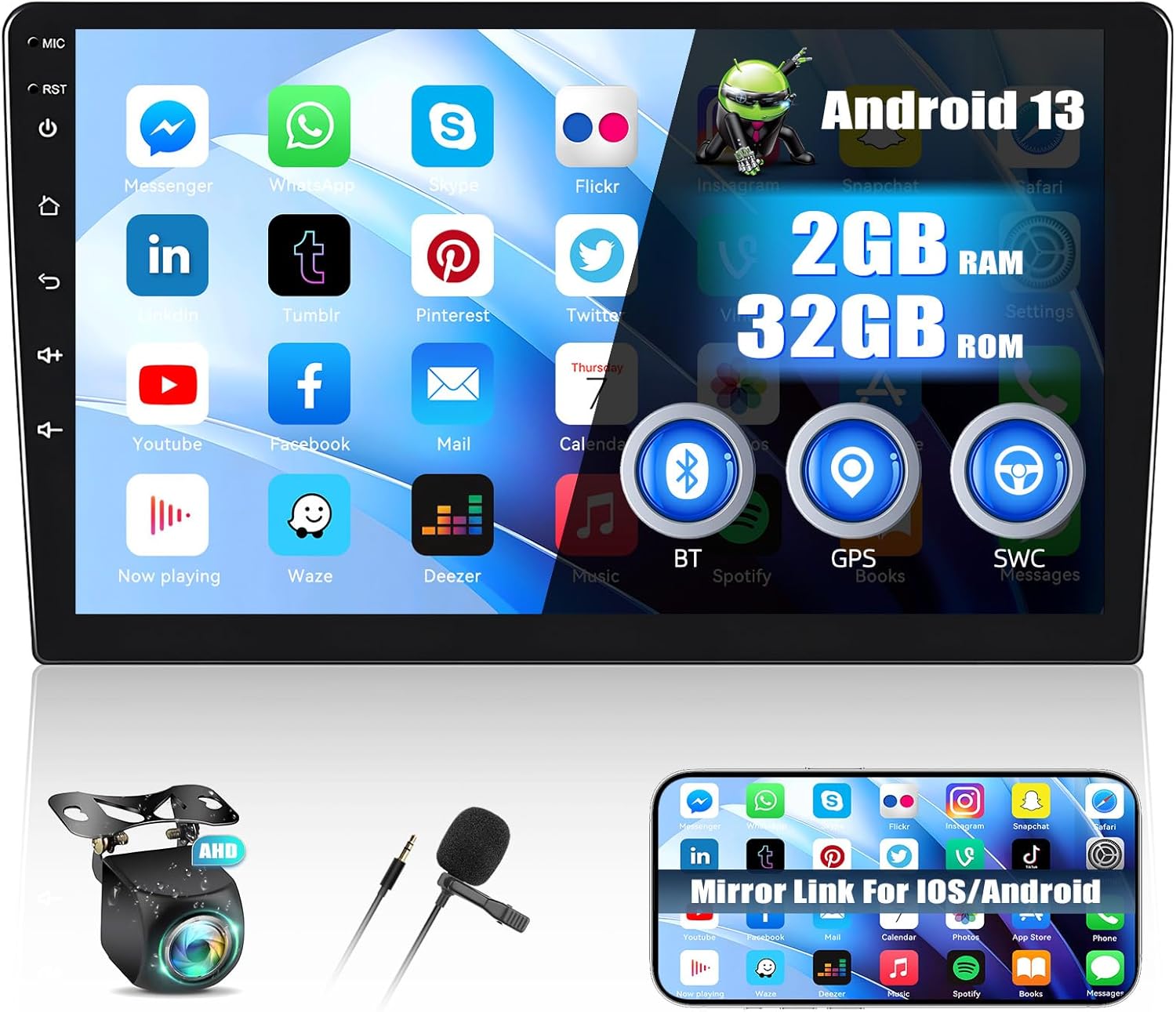 Android 13 Car Stereo Double Din Support Mirror Link for Android/iOS Phone,10.1 Inch Touch Screen Car Radio with WiFi GPS Navigation Bluetooth FM Radio SWC Dual USB Input+AHD Rear Camera [2+32G]