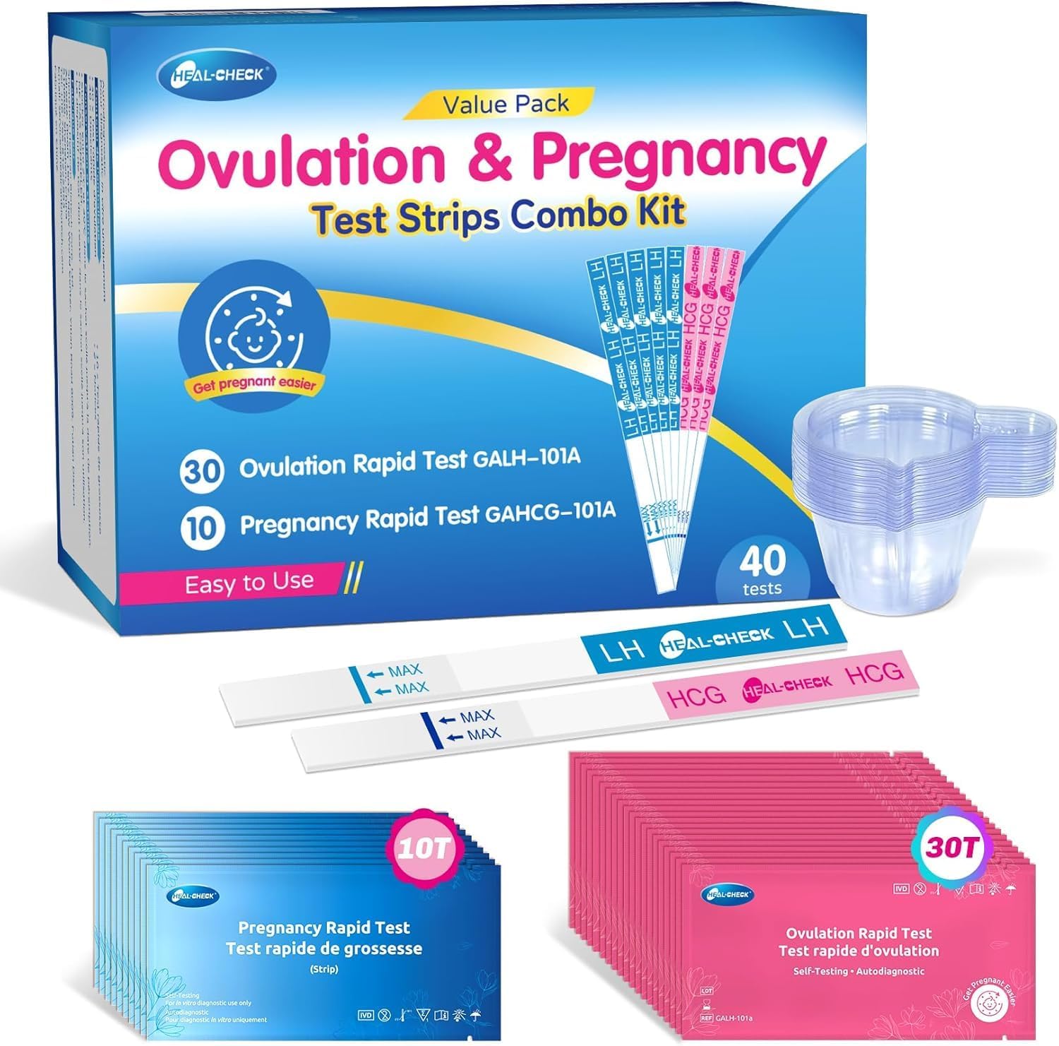 30 Ovulation Test Strips and 10 Pregnancy Tests with 40 Urine Cups, Fertility Test for Women TTC, Get Pregnant Easier, Easy to Use at Home, Over 99% Accuracy, Individually Wrapped