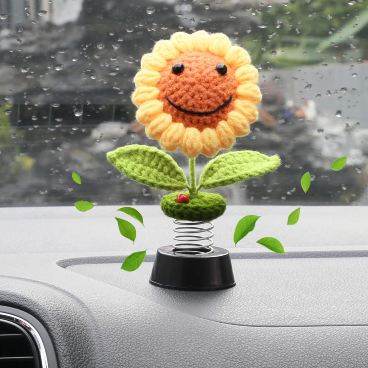 Sunflower Car Accessories Decor Gifts, Bobbleheads for Car Dashboard Decorations Interior, Crochet Smiley Shaking Sun Flower Car Ornament for Woman Teens Or Girls (Handmade Round Eyes)