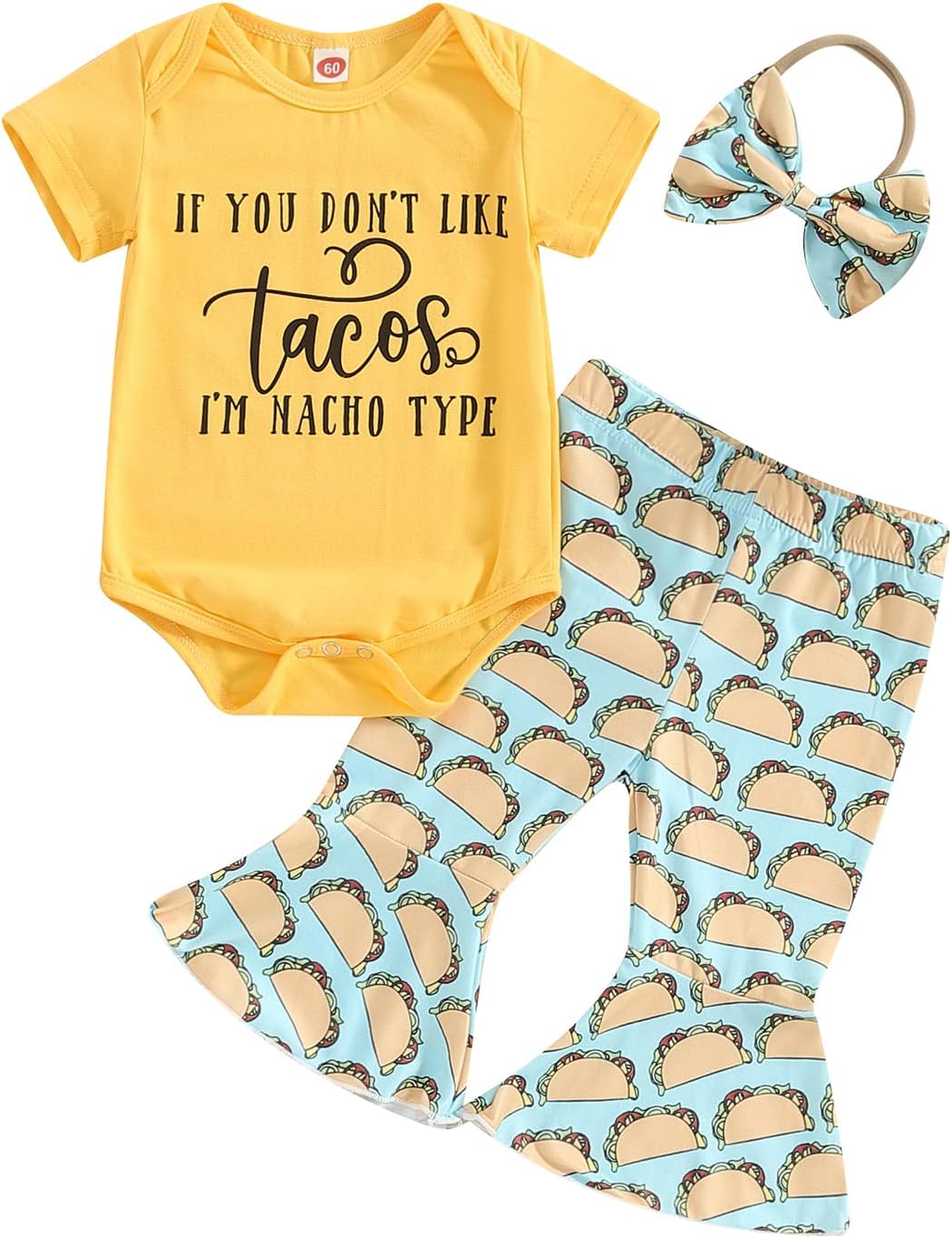 Chloefairy Baby Girl Summer Clothes If You Dont Like Tacos Im Nacho Type Romper Bell-Bottoms Flare Pants Set Headband 0-12M
