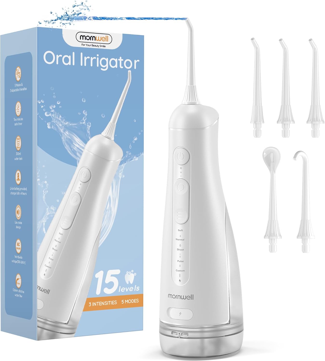 Mornwell Water Dental Flosser Cordless Teeth Cleaning, Electric Flossing Machine Power Flossers & Irrigator Accessories, 300ML Portable Oral Irrigator for Teeth, 5 Modes and 5 Jet Tips (White)