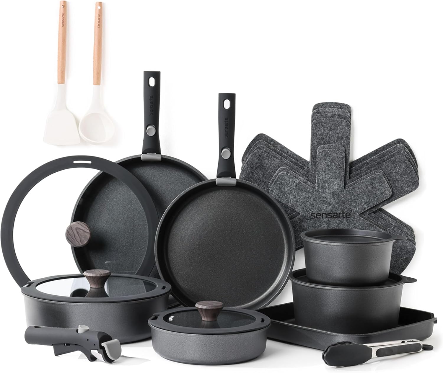 SENSARTE 24 Piece Pots and Pans Set, Nonstick Detachable Handle Cookware, Induction Kitchen Cookware Set with Removable Handle, Healthy Non Stick RV Cookware, Dishwasher&Oven Safe, PFOA Free (Black)