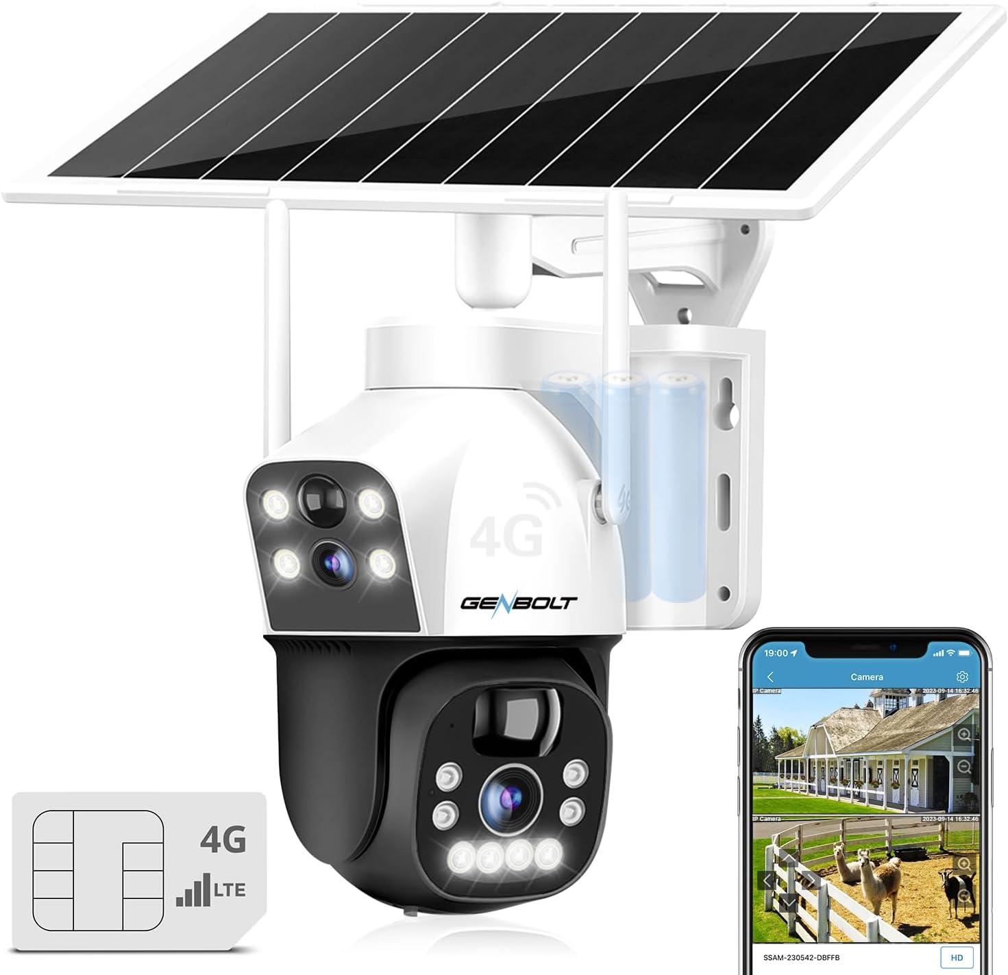 GENBOLT 3G/4G LTE Cellular Solar Security Camera Outdoor Wireless, 8W 15600mAh Battery Operated Surveillance Camera No WiFi, Dual Lens Spotlight IP Camera CCTV with SIM Card
