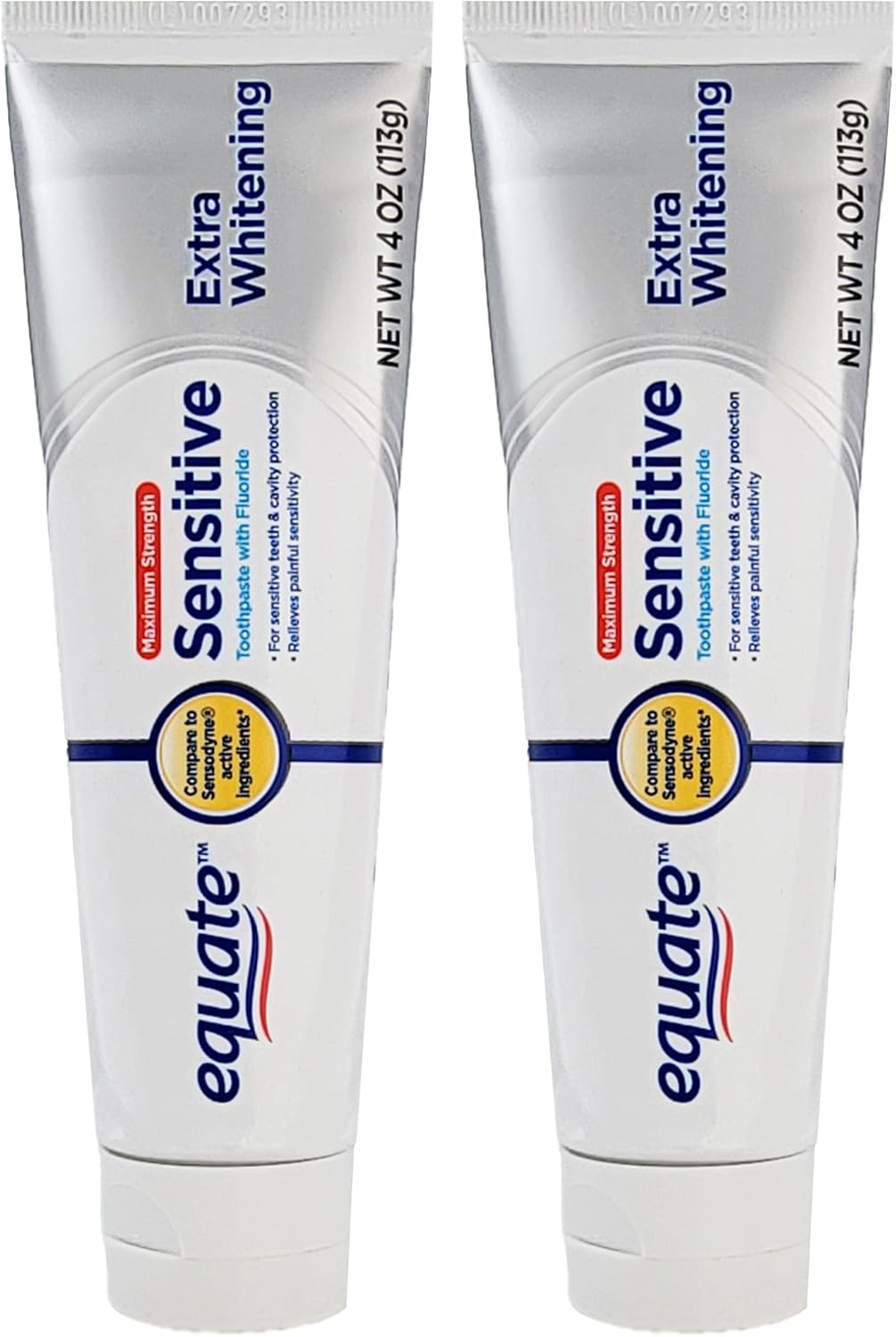 Equate Twinpack of Sensitive Toothpaste with Fluoride and Extra Teeth Whitening 4 OZ (113g) Includes 2 Tubes