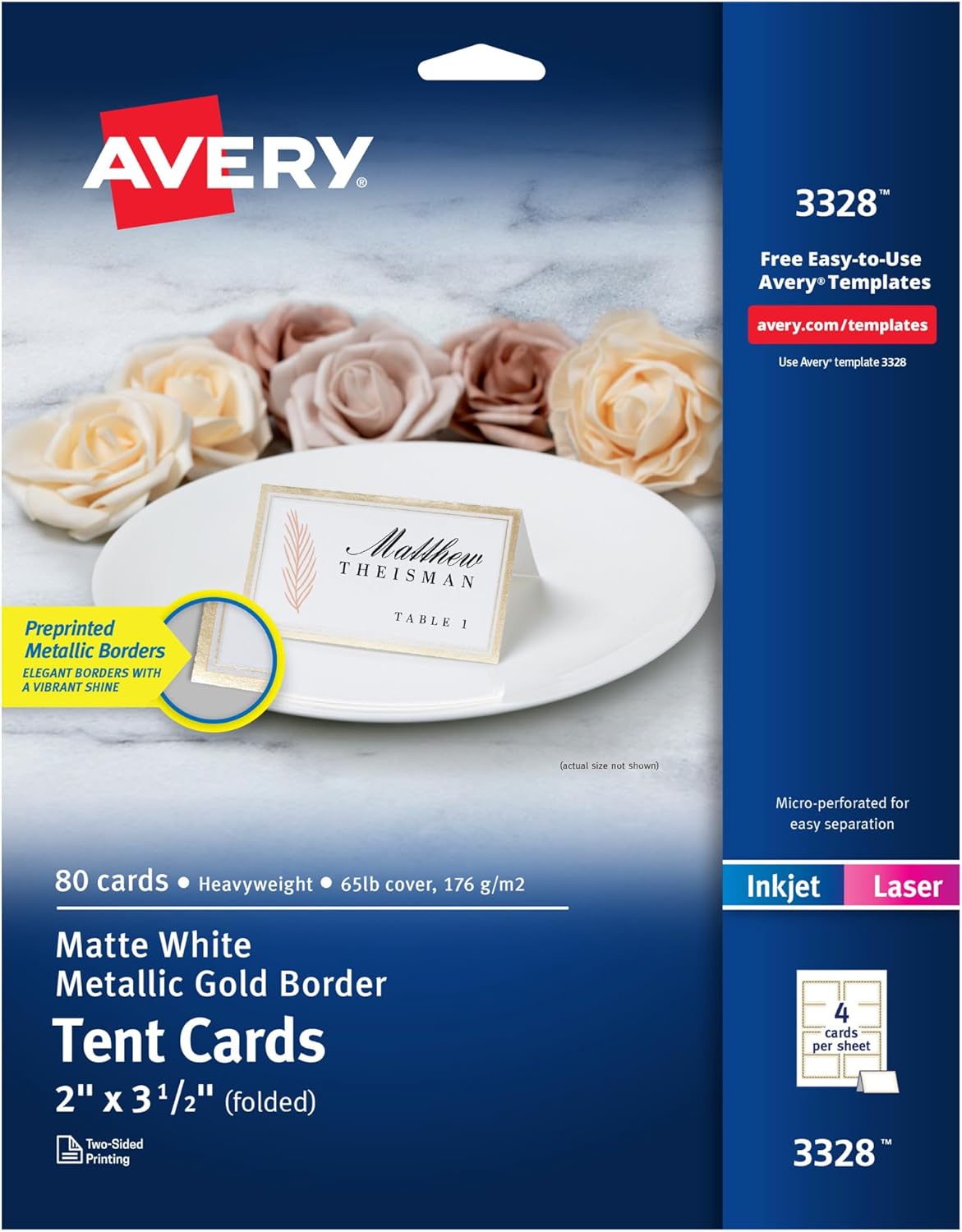 Avery Printable Tent Card, 2" x 3.5", White with Metallic Gold Borders 80 Blank Place Cards for Laser or Inkjet Printers (3328)