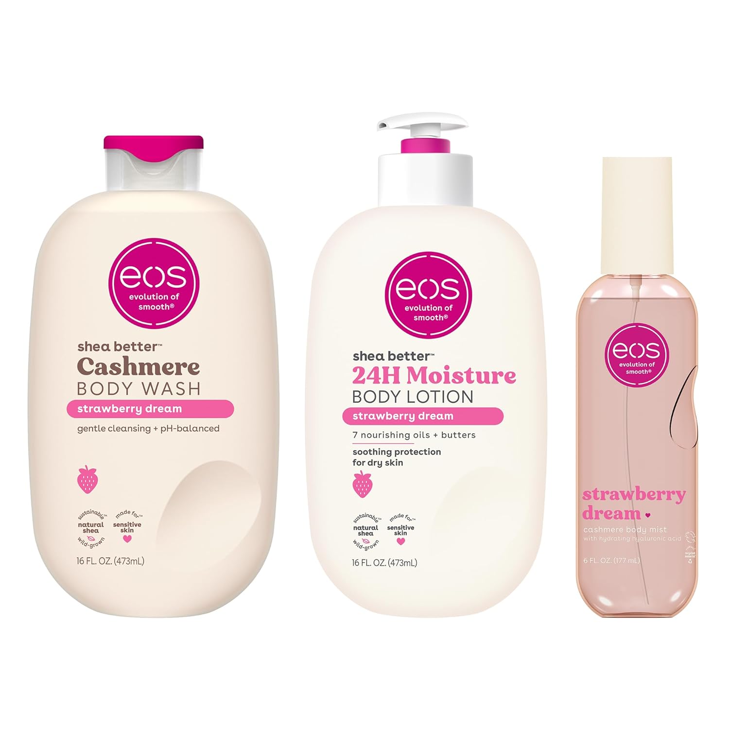 eos Strawberry Dream Scent Layering Bundle - Body Wash, Body Mist, Body Lotion