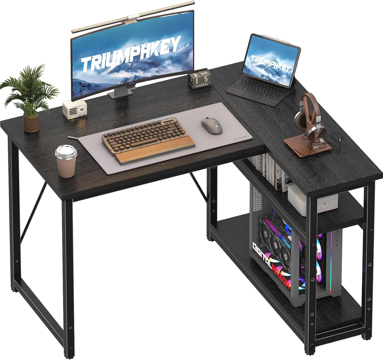 TRIUMPHKEY 100 * 80cm L Shaped Computer Desk with Reversible Large Storage Shelves, Corner Desk Computer Workstation Matching Under Desk Height Adjustable Storage, Home Office Work Table Black