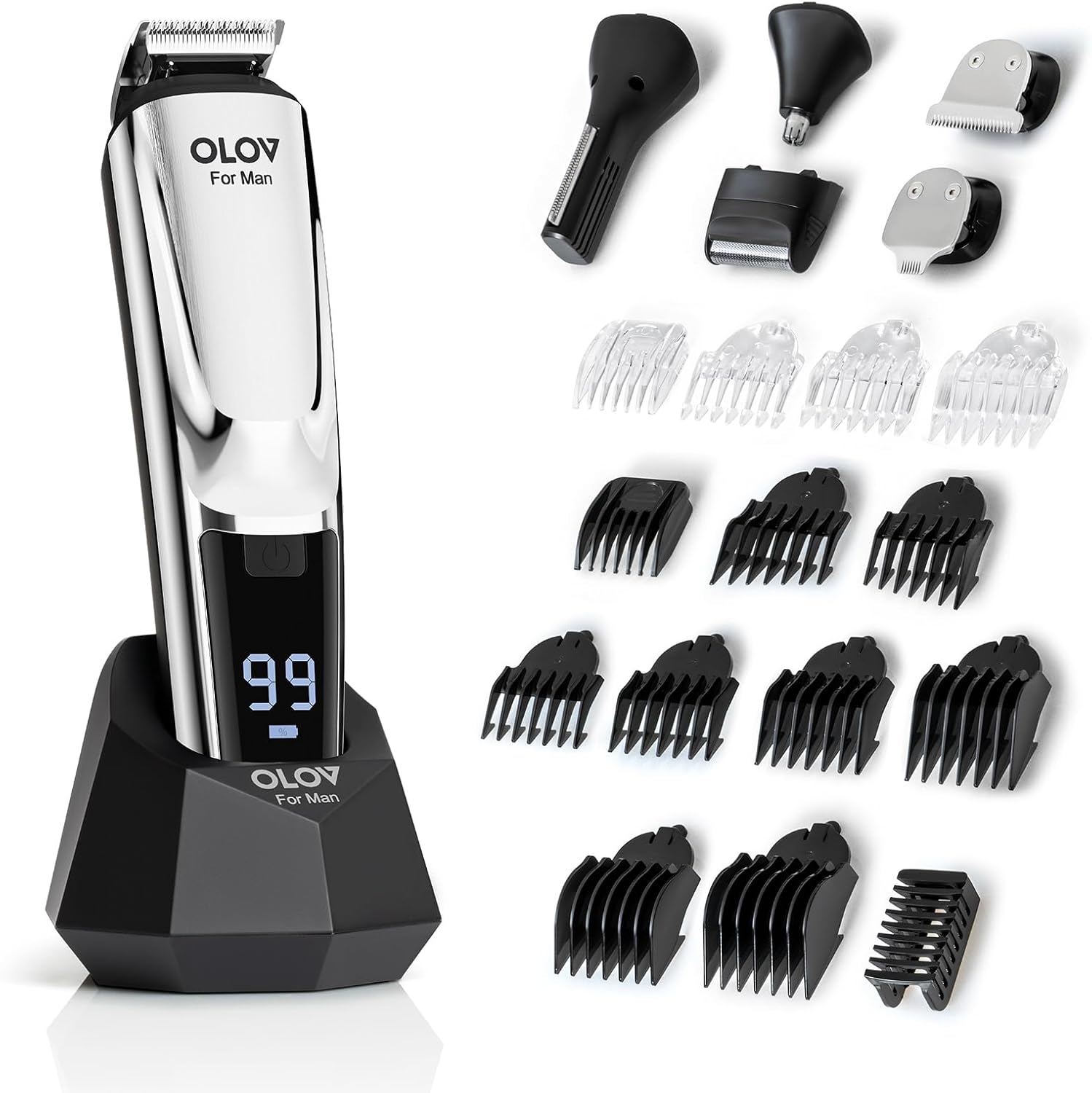 Beard Trimmer, 21 Piece Mens Grooming Kit for Beard & Mustache Trimming, Electric Shaver, Nose Hair Trimmer, Cordless Hair Clippers, Waterproof, Silver