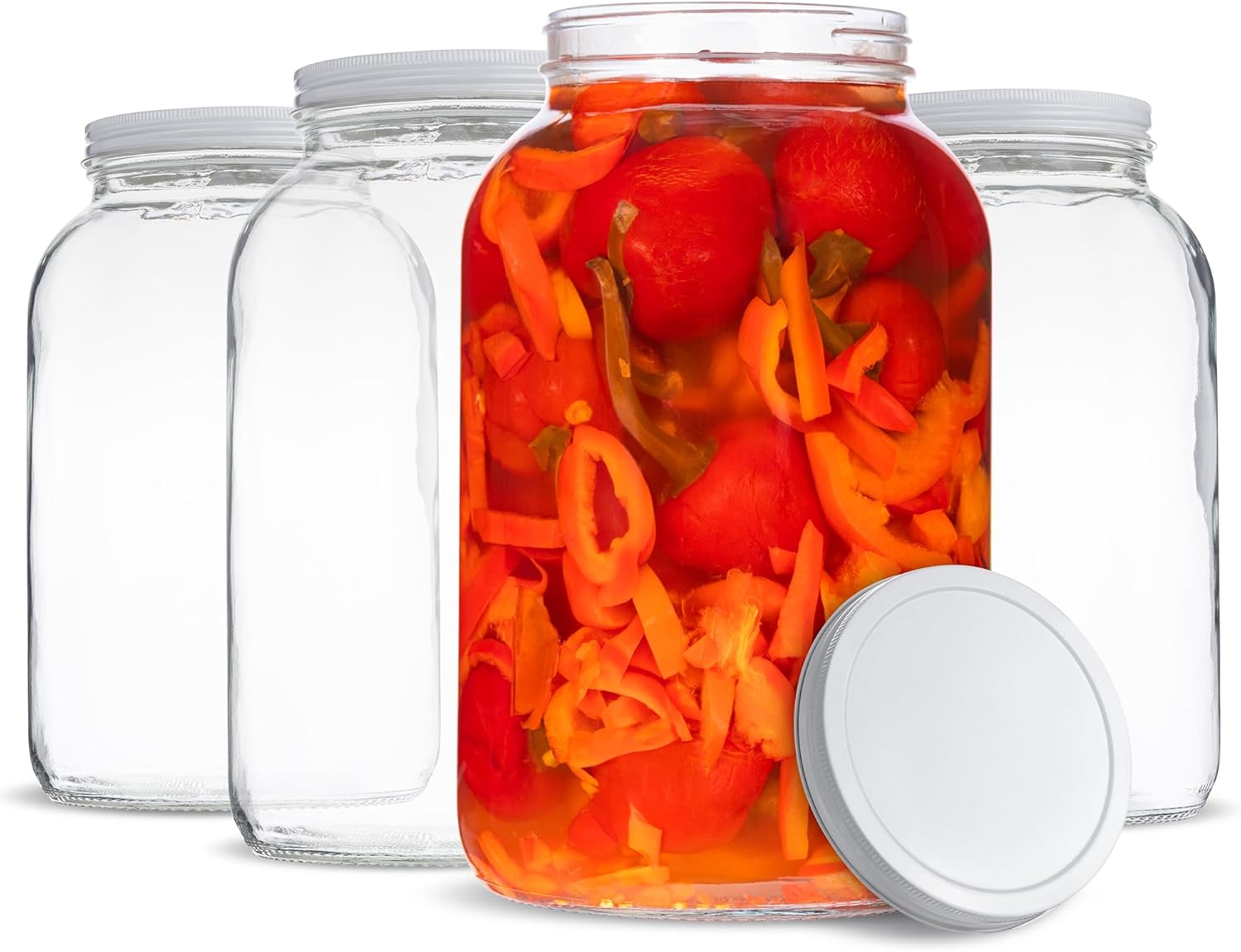 kitchentoolz 1 Gallon Glass Large Mason Jar Wide Mouth with Metal Airtight Lids (4 Pack) - Fermentation Kombucha Kefir Kimchi - Storing Canning Pickling Containers -White Lids