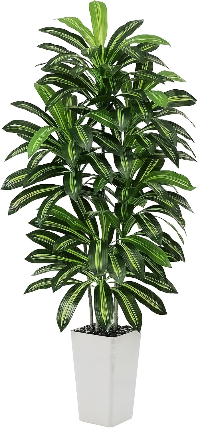Artificial Dracaena Plant Indoor 5FT Fake Tree with White Tall Planter, Tall Fake Floor Plant in Pot, Artificial SilkPlant for Home Decor Office Living Room Porch Patio Housewarming(5 Trunks 150CM)