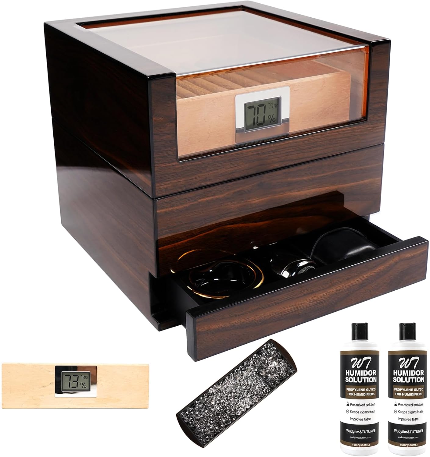 Humidor Cigar Box, Handcrafted Box Top 270" Elegant Glossy Spanish Cedar Humidors with Easy HumidificationSystem, Accurate Digital Hygrometer with 2 Humidor Solution by TUTUNES&Wudytim