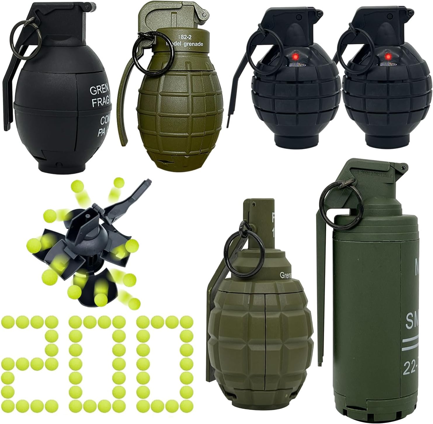 6pcs Toy-Hand Plastic Grenade for CS Battle Game, Fake Grenade Toys Tactical CS-Grenade Toy with 200 Foam Ammo for Age 14 Years Old and up, 4pcs Pull Ring Grenade Toys & 2 pcs Hand Grenades