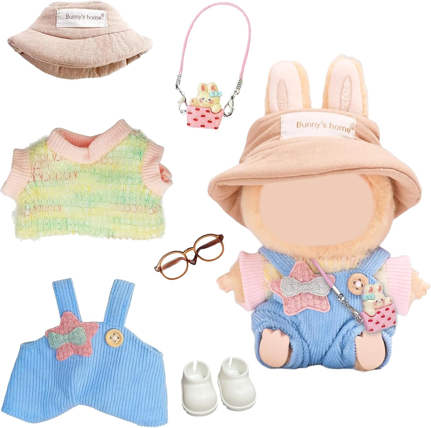 6 Pcs Dolls Clothing Compatible for Labubu, Colorful Short Sleeve Shirt Overall with Five-Pointed Star Hat Glasses Bag for the 17cm Mini Plush Dolls, Best Gifts for Girls Boys