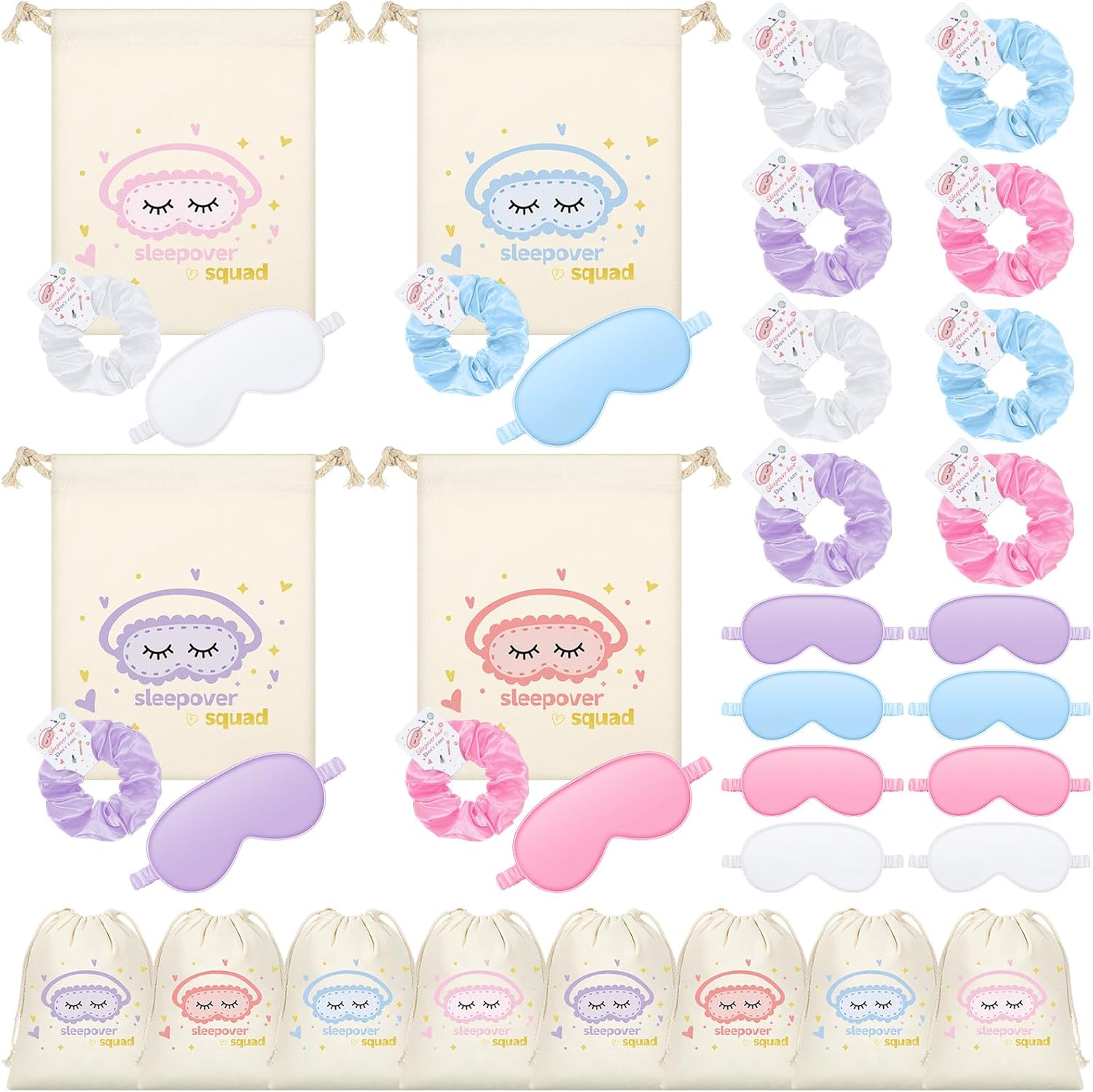 24 Pcs Sleepover Party Supplies Birthday Party Favor with Satin Eye Mask Satin Hair Scrunchies