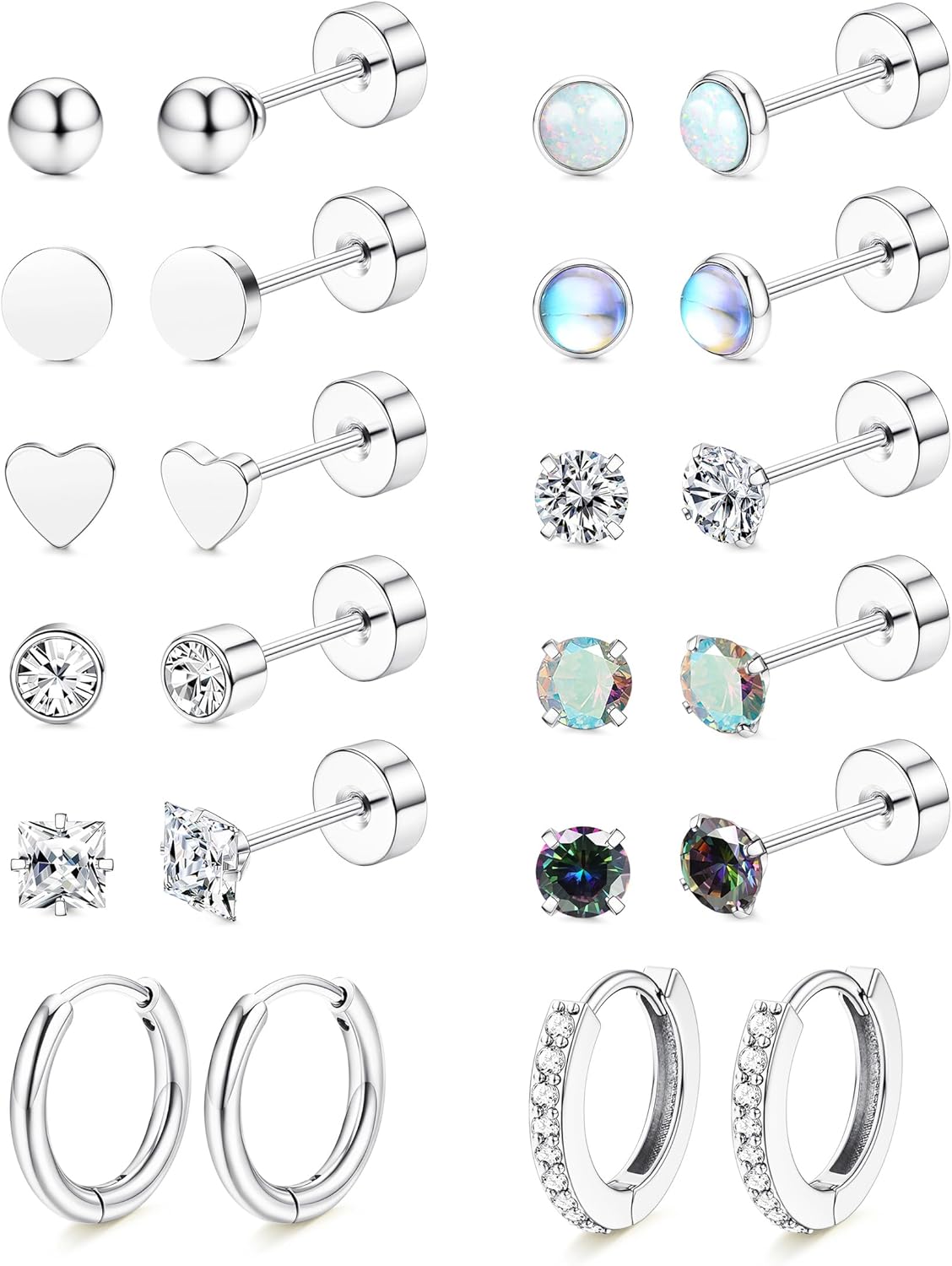 LOLIAS Hypoallergenic Flat Back Earrings for Women-Surgical Steel Earrings for Sensitive Ears 20G Stainless Steel Earring Stacks Small Flatback Stud Hoop Cartilage Earring