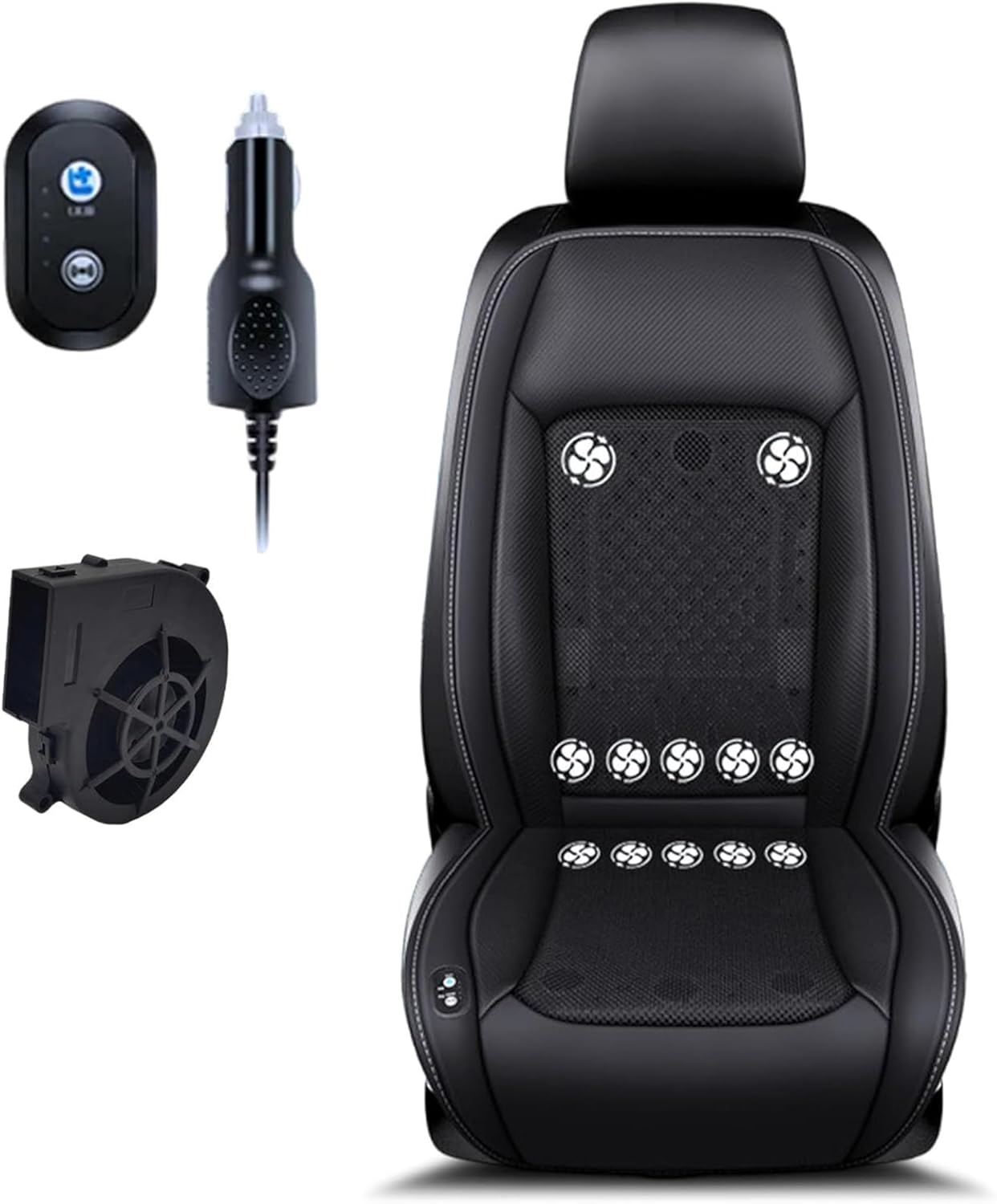 YIHANGG Car Cooling Cushion, 12v-24v Adjustable Temperature Comfortable Cooling Car Seat Cover with 12/16/24 Large Turbo Fan & 6-Mode Massage(24V - Cigarette Lighter Socket,Black(12 Fans))