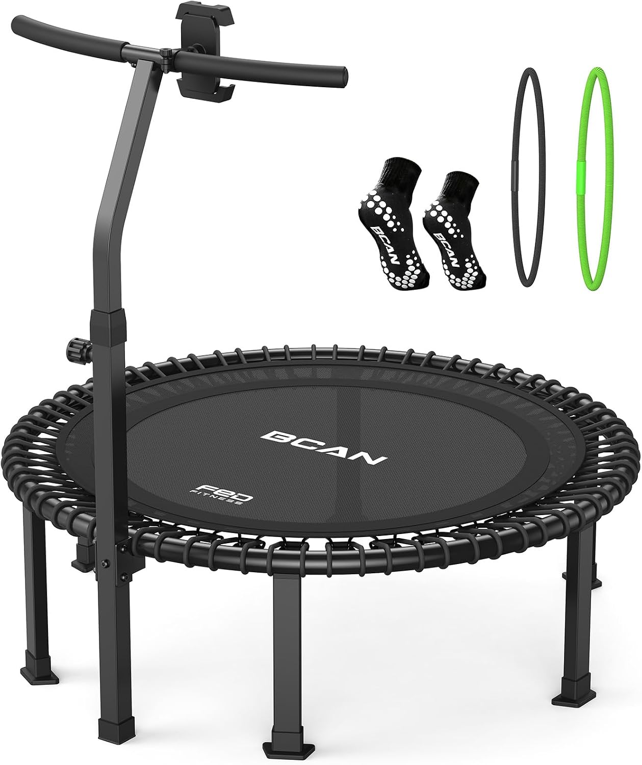 BCAN BT4 38/40/48" Soft Land Pro Adult Bungee Rebounder Trampoline, 500lb Capacity, Adjustable Tension Bungees, One-Piece Frame, Quiet Indoor Cardio w/Handle,Phone Holder & 2 Pairs Socks| FED Fitness
