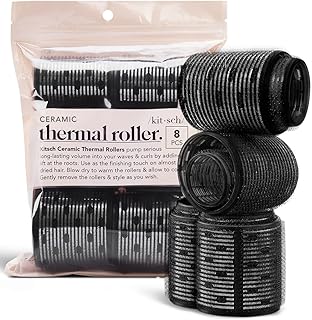 Kitsch Ceramic Thermal Hair Rollers for Women - Self Grip Rollers for Blowout Look Long Hair, Curlers for Medium & Short Hairs, Large Roller for Volume Curls, Ceramic Coated, Easy to Use - 8pcs, Black