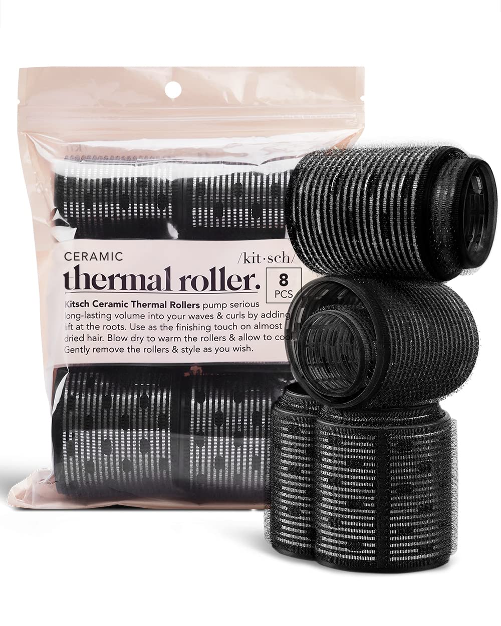 Kitsch Ceramic Thermal Hair Rollers for Women - Self Grip Rollers for Blowout Look Long Hair, Curlers for Medium & Short Hairs, Large Roller for Volume Curls, Ceramic Coated, Easy to Use - 8pcs, Black