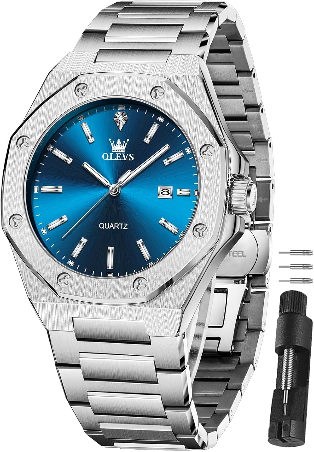 OLEVS Watches for Men Dress Stainless Steel Big face Waterproof Luxury Men’s Wrist Watch with Date Casual Blue/Black/Gold/Silver Reloj para Hombre