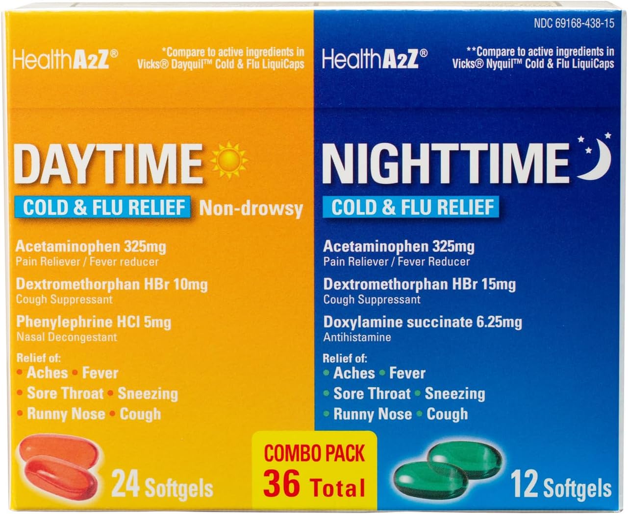 HealthA2Z® Daytime and Nighttime | Cold & Flu Medicine | Powerful Multi-Symptom Daytime and Nighttime Relief (20 Softgels) (Daytime & Nighttime Combo (36 Count Pack of 1))