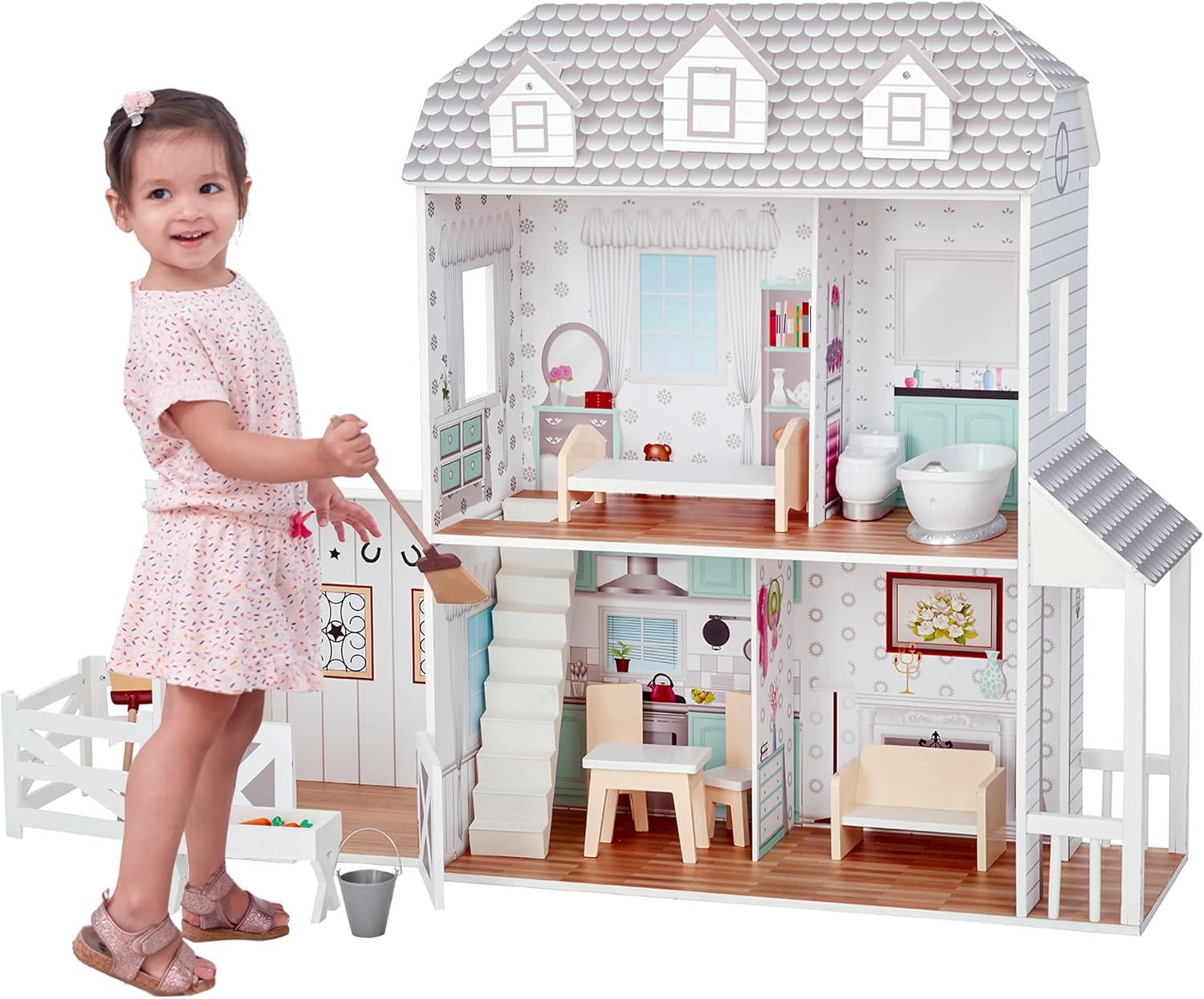Olivia's Little World Dreamland Farmhouse Wooden Doll House with Horse Stable, Porch, and 14-pc. Accessory Set for 12" Dolls, White/Grey