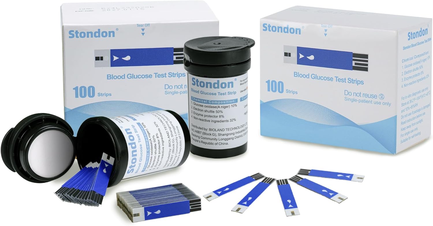 Blood Glucose Test Strips, 100 Counts Test Strips for Diabetes + 100 Counts Blood Lancets, Only for Stondon Meter Kit