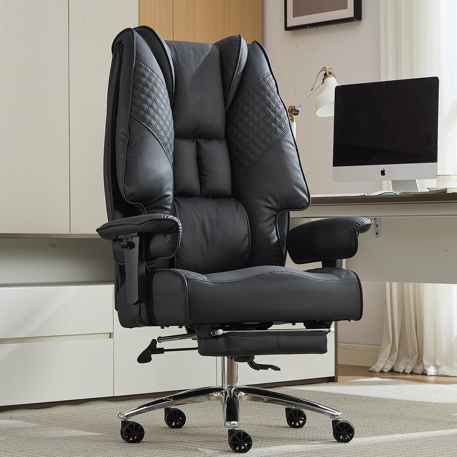 EXCEBET Big and Tall Office Chair 400lbs Wide Seat, Leather High Back Executive Office Chair with Foot Rest, Ergonomic Chairs Lumbar Support for Lower Back Pain Relief (Black)