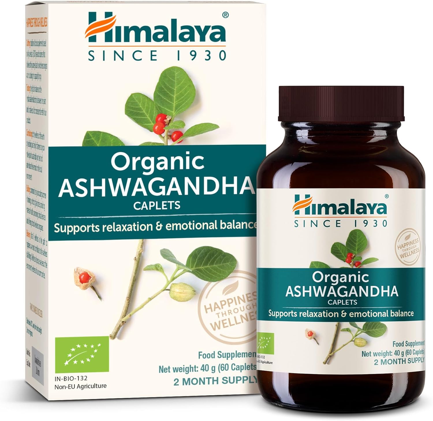 Himalaya Organic Ashwagandha (Indian Ginseng), 60 Day Supply, Herbal Supplement for Stress Relief, Energy Support, Occasional Sleeplessness, Certified Organic, Vegan, Gluten Free, 670 mg, 60 Caplets