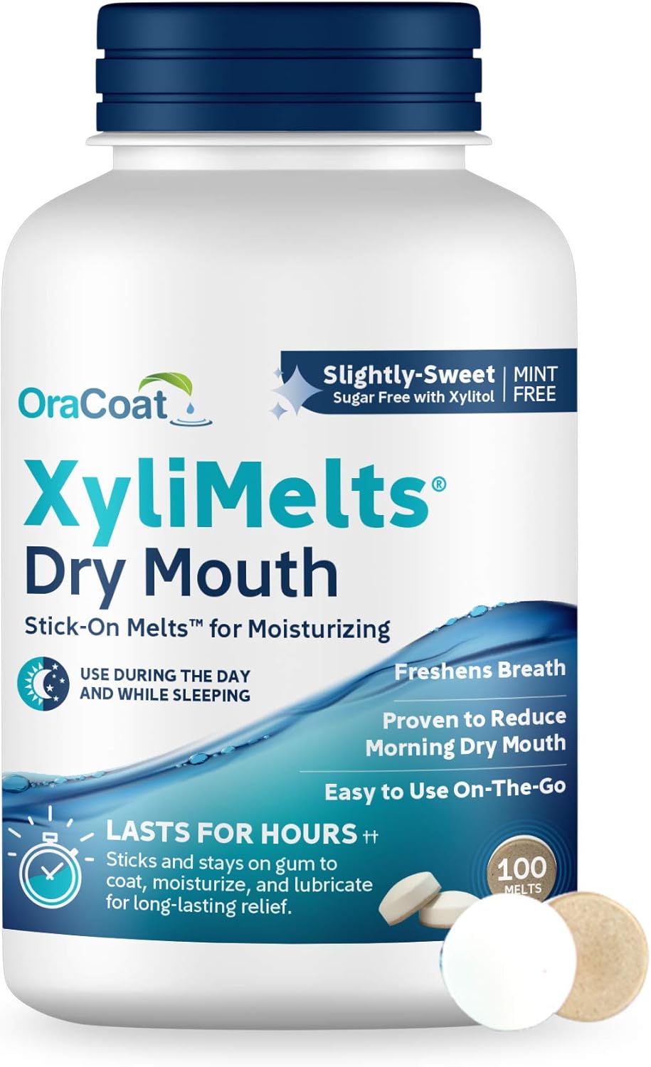 OraCoat XyliMelts Dry Mouth Relief Oral Adhering Discs, Slightly Sweet with Xylitol, for Dry Mouth, Stimulates Saliva, Non-Acidic, Day and Night Use, Time Release for up to 8 Hours, 100 Count