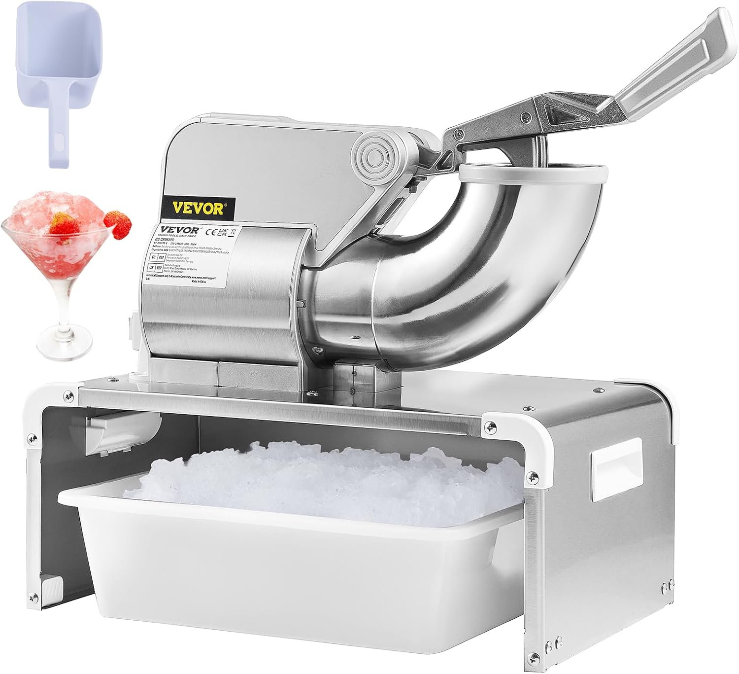 VEVOR 110V Commercial Snow Cone Machine, 500LB/H Snow Cone Maker, Electric Shaved Ice Machine w/Dual Blades, Stainless Steel Ice Crusher Shaver w/ 20Qt Ice Basin, 250W Snowball Machine 1420RPM