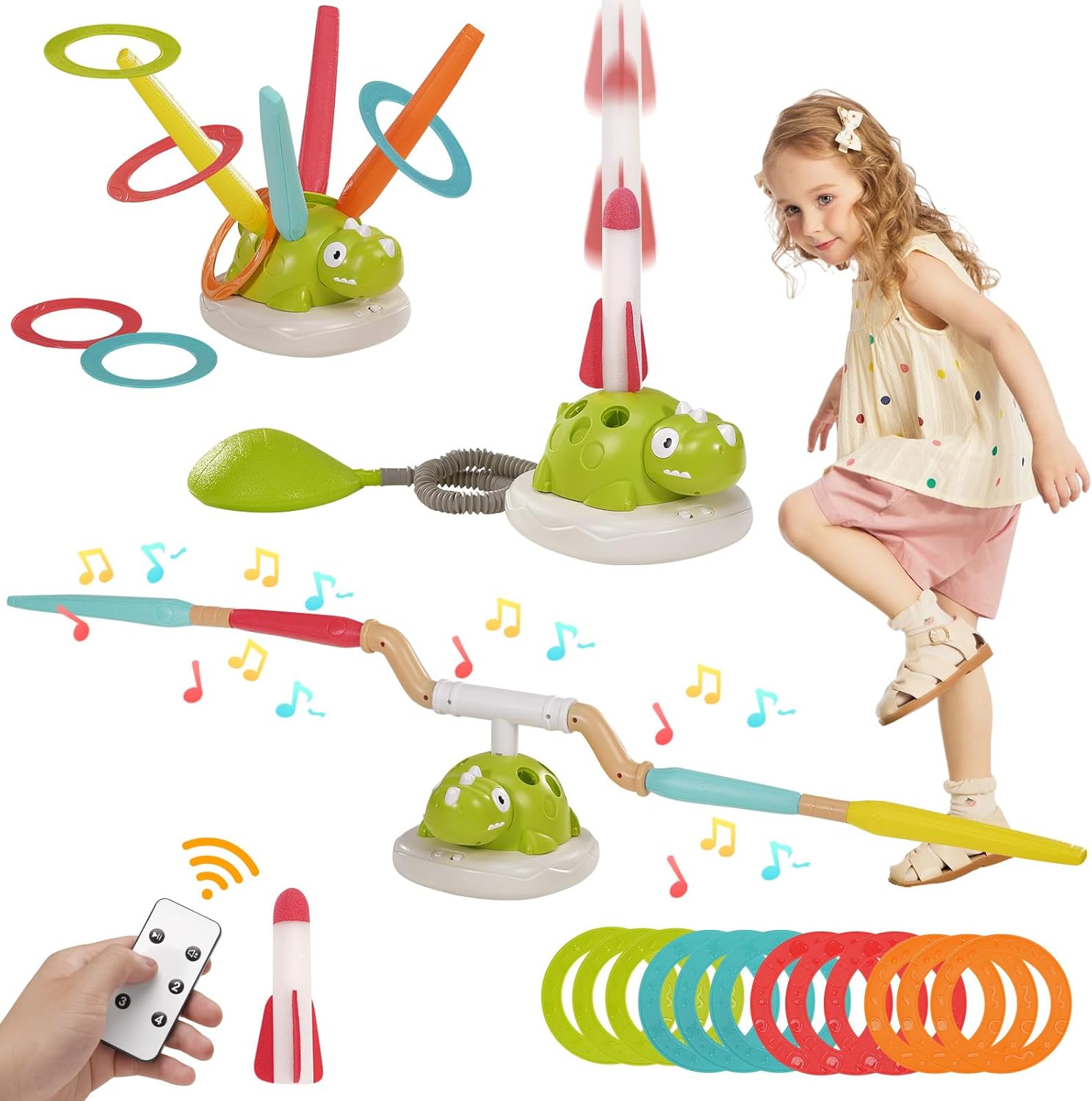 3 in 1 Musical Garden Jump Sports Toys, Outdoor Dinosaur Children's Launcher Sports Game, Musical Jump, Ring Toss Game, Rocket Launcher Toy for Kids Aged 3-12 Year Old