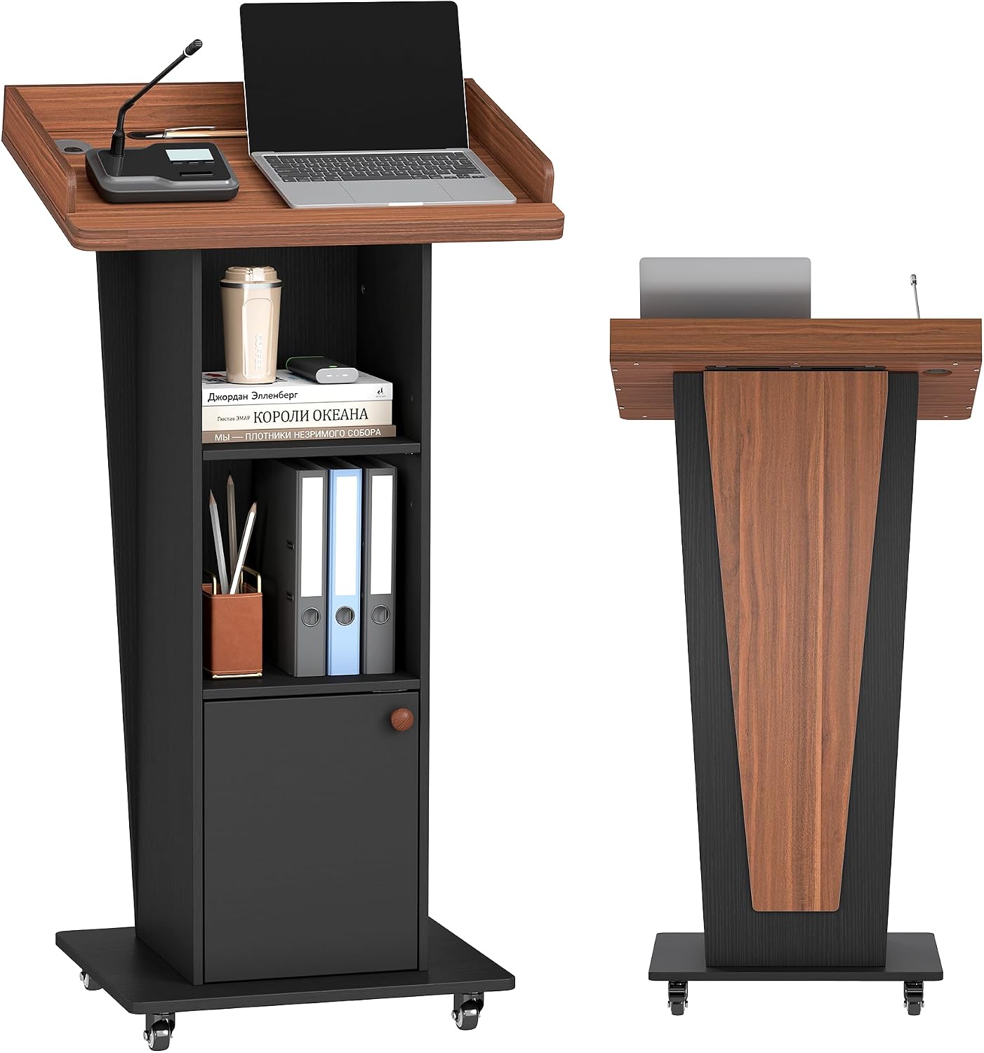 Baoz 15° Tilted Podium Stand with Storage & Lockable Wheels (Black Brown)