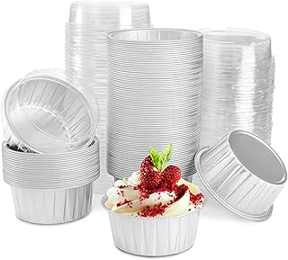 DEAYOU 100-Pack Cupcake Baking Liner with Lid, Tart Pie Tin Pan Holder for Creme Brulee, Party, Wedding, Silver Color
