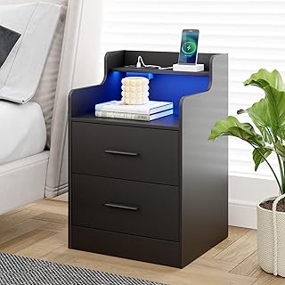 Nightstand with Charging Station,Modern Bedside Table with LED Light, Night Stand with 2 Drawers and Storage Shelves, Bedside Table for Bedroom,End Side Table Black Only One Piece (1, Black)