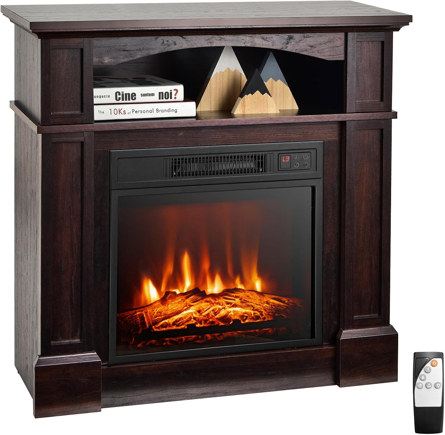 Tangkula 32" Electric Fireplace with Mantel, 1400W Freestanding Heater with Remote Control & Adjustable Brightness, Multifunctional Mantel Fireplace with Storage Shelf for Living Room (Brown)