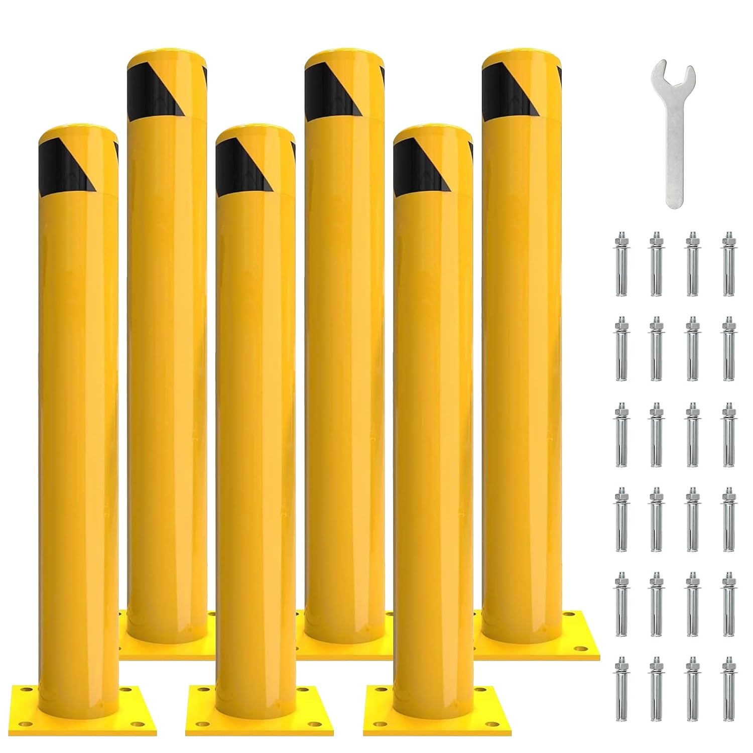 6 Pack 42"" Safety Bollard Post, 4.5"" Pipe Diameter Steel Safety Barrier Bollard, Bolt-On, Bright Yellow High Visibility Safety Parking Barrier Post for Garage Storefront Walkway