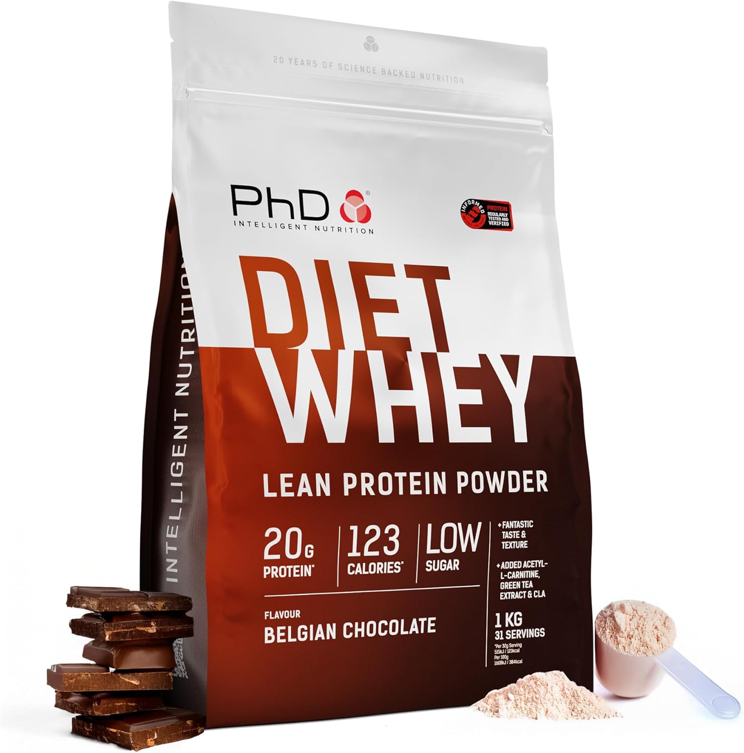 PhD Nutrition Diet Whey Lean Protein Powder | Belgian Chocolate Whey Protein Powder | 1kg Bag [ Packaging May Vary ]