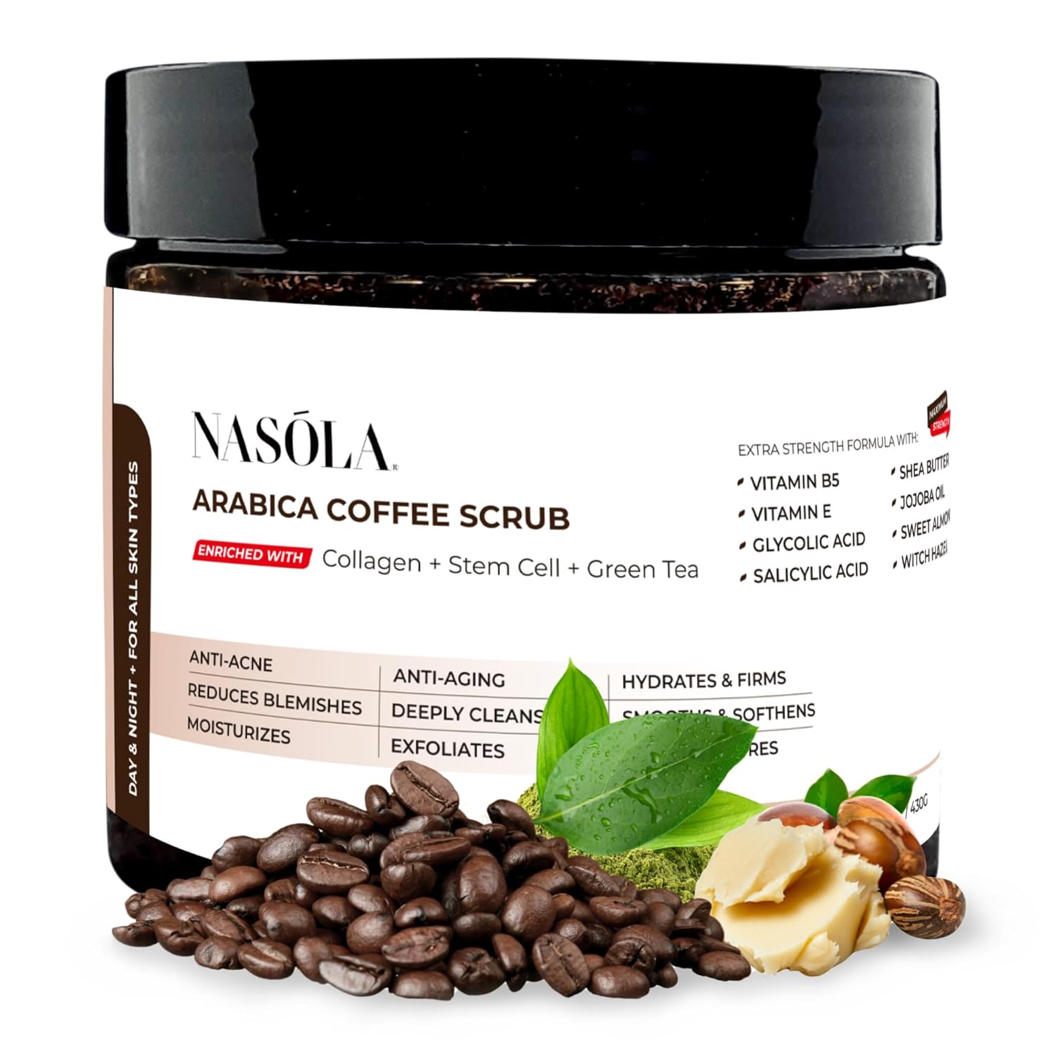 Nasola Arabica Coffee Body Scrub with Collagen, Green Tea & Stem Cell – Exfoliating Body Scrubber & Face Cleanser – Coffee Scrub for Wrinkles, Stretch Marks, and for Smoother Skin, 15.16 Oz