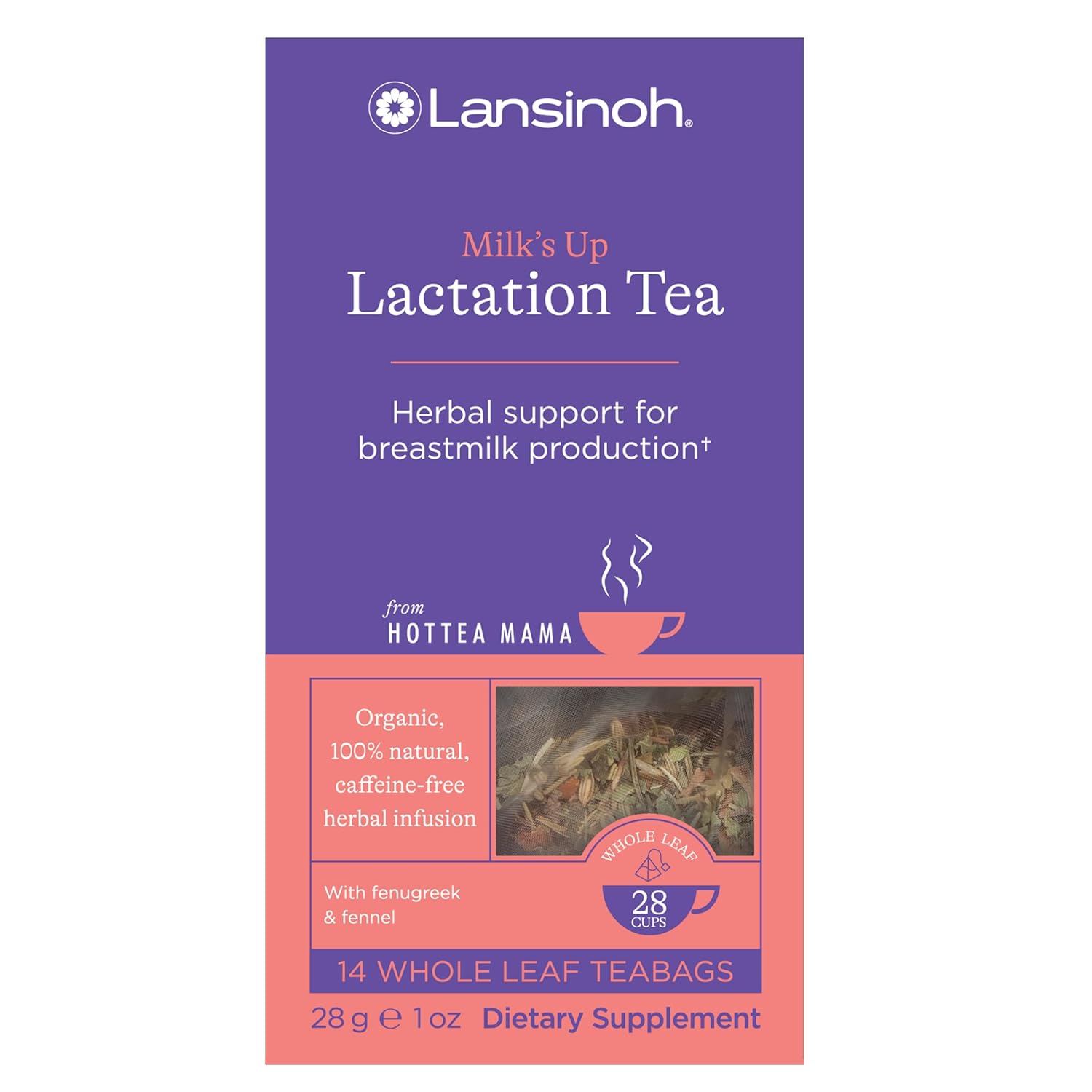 Lansinoh + HotTea Mama Milk's Up, Breastfeeding and Lactation Support Tea, Fenugreek, Fennel, Anise Seed, Caffeine-free, Sugar-Free, Postpartum Essentials for New Moms, Includes 14 Tea Sachets