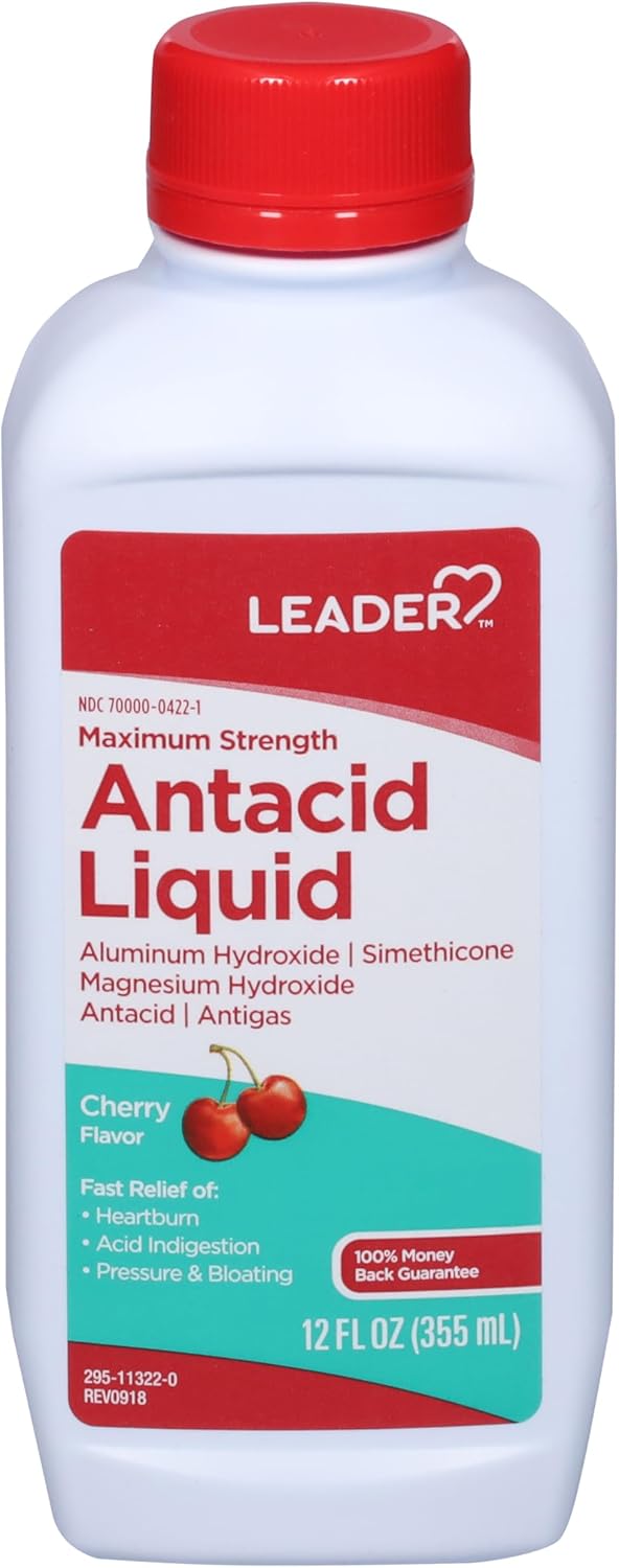 Leader Maximum Strength Antacid Liquid with Aluminum Hydroxide, Simethicone, Antacid/Antigas for Heartburn, Acid Indigestion, Pressure & Bloating, Cherry Flavor 12 FL oz