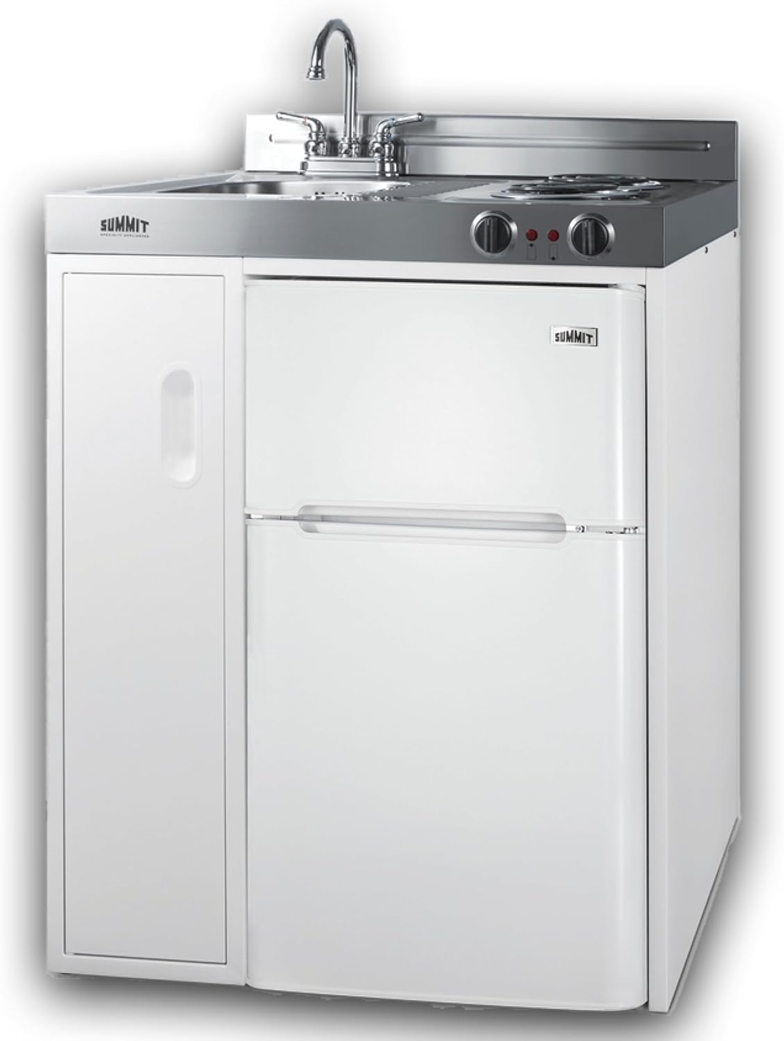 Summit 30" Wide All-In-One Kitchenette, 2-Door Refrigerator-Freezer, 2-Burner Cooktop, Sink, and Storage, White- C30EL