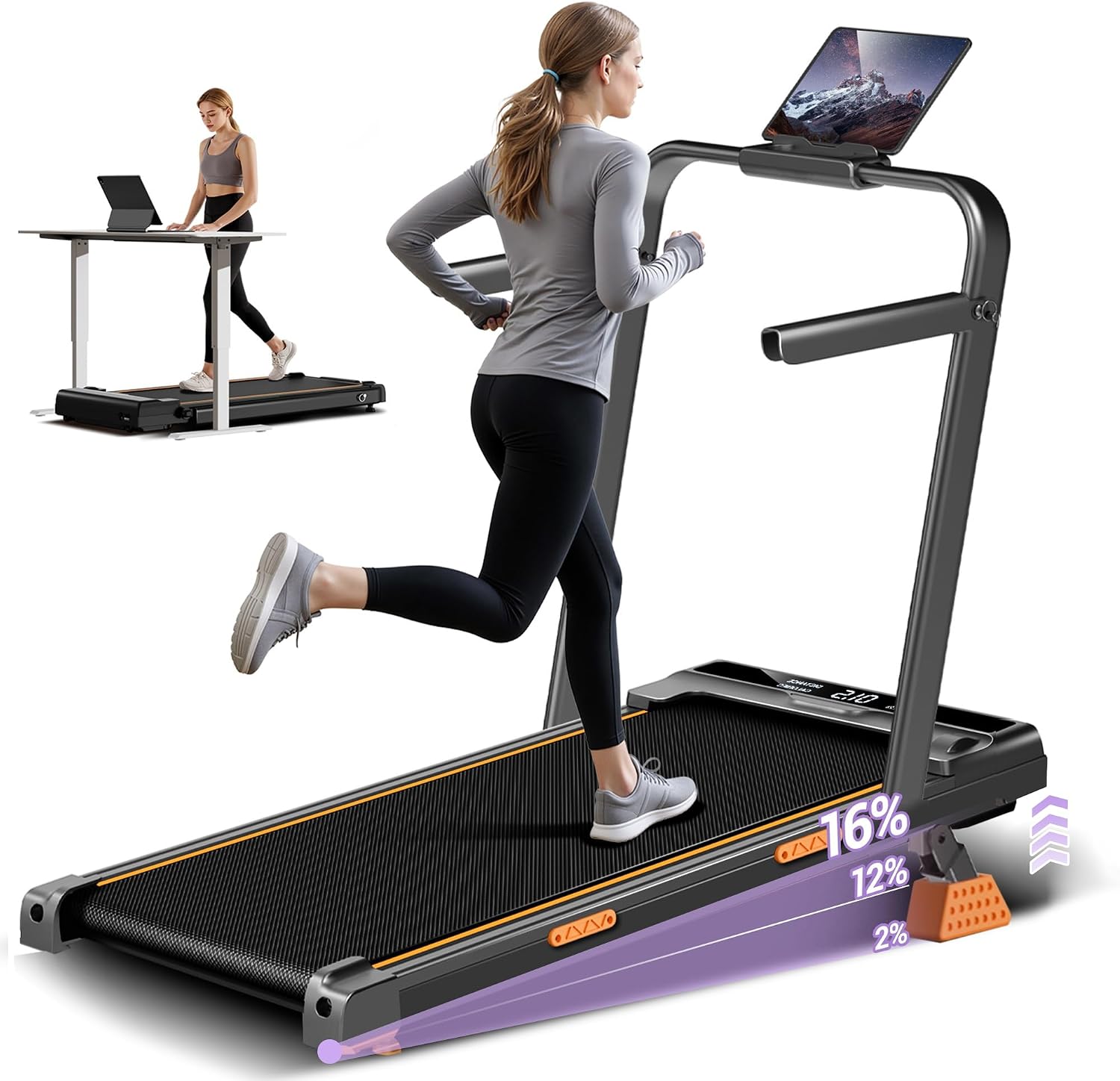 Walking Pad Treadmill with 15% Incline & Handle Bar, Treadmills for Home