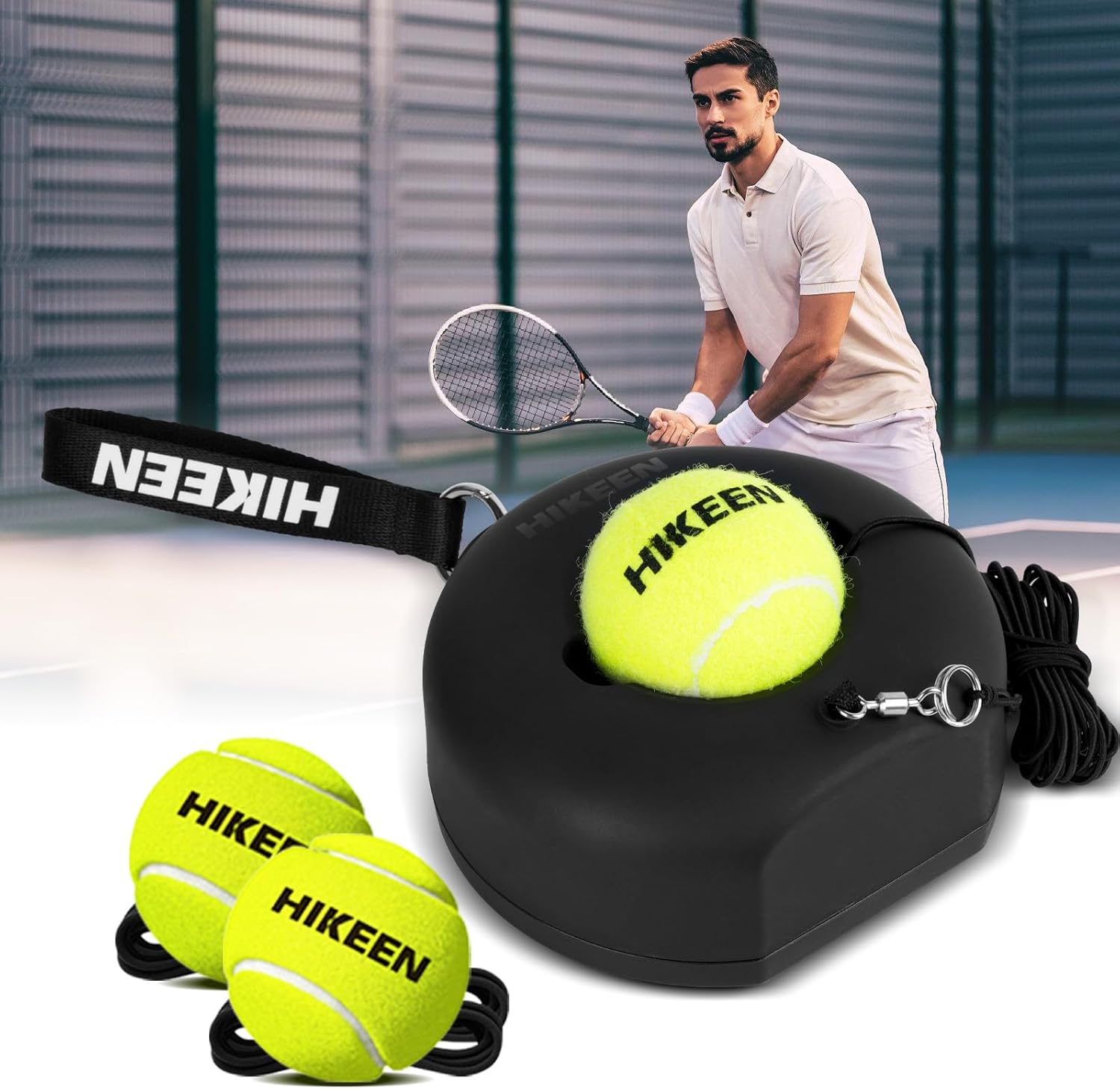 Hikeen Premium Tennis Trainer Rebound with Metal Base,Portable Solo Tennis Trainer Set with 3 Highly Elastic String Balls,Tennis Practice Equipment for Adult Kids and Beginners