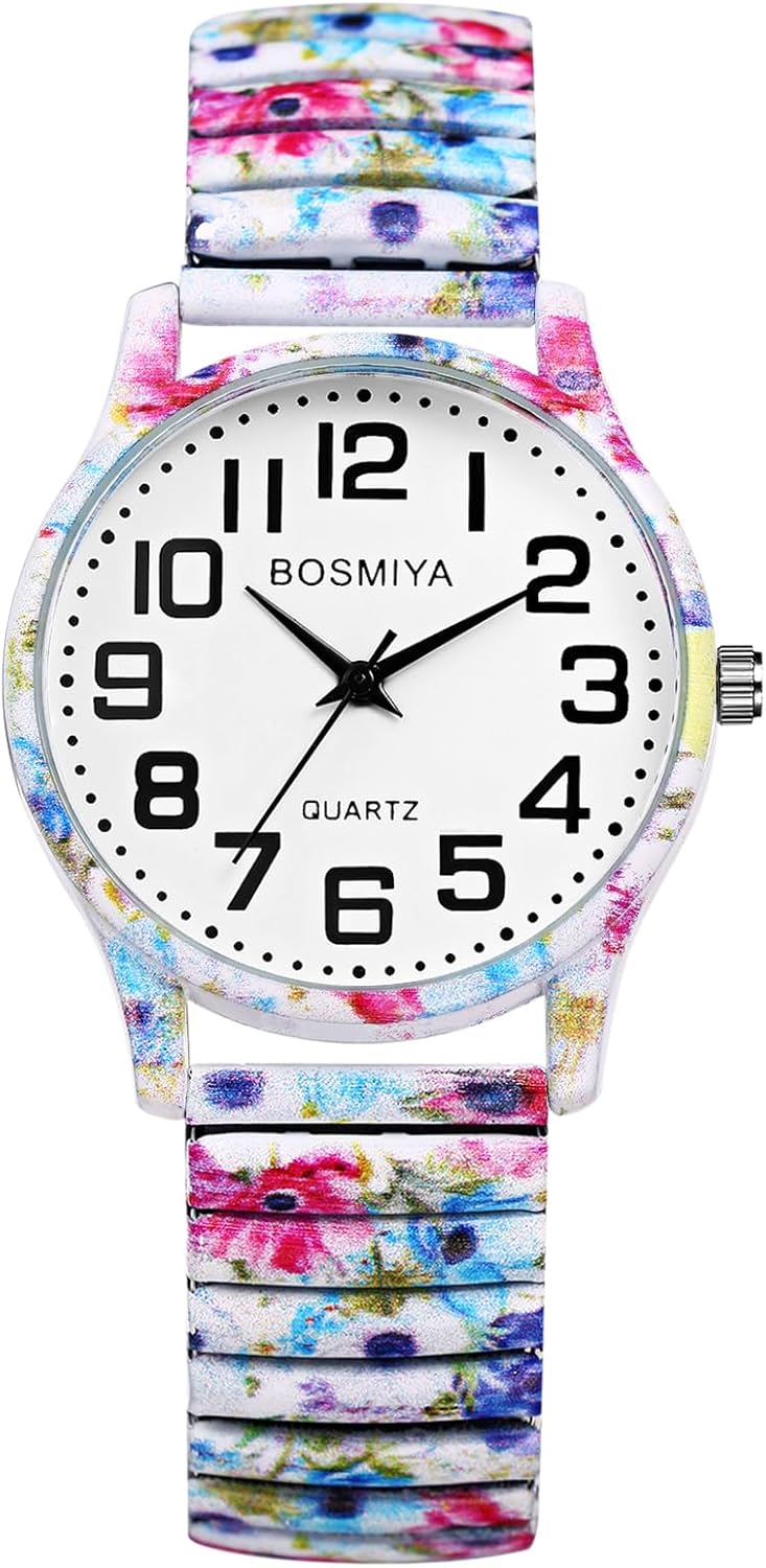 Oidea Women's Easy Reader Watch: Bohemian Print Elastic Strap Watches for Women Retractable Stretch Band Wrist Watch Analog Quartz Casual Business Ladies Wristwatch