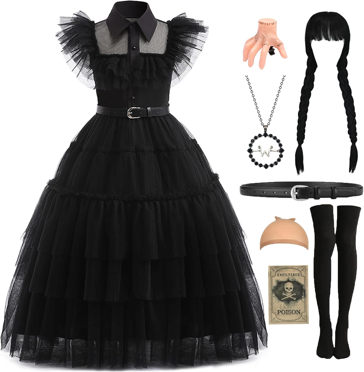Girls Halloween Costumes Kids Long Black Dress with Acceeeories Cute Dress Up Birthday Outfits