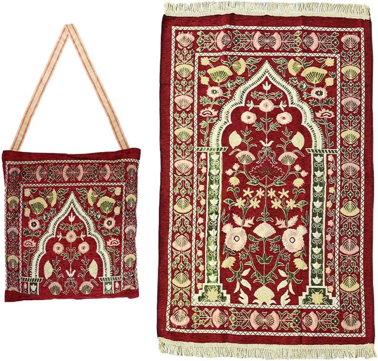 Anlising Muslim Prayer Mat with Elegant Design Bag, Portable Foldable Rug for Ramadan (Red)