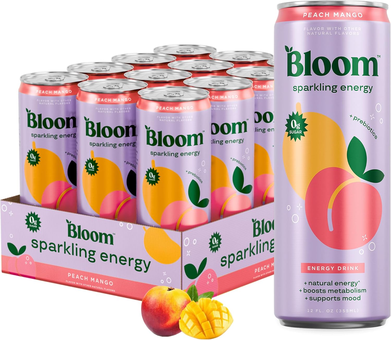 Bloom Nutrition Zero Sugar Energy Drink, Peach Mango, 12oz 12pk